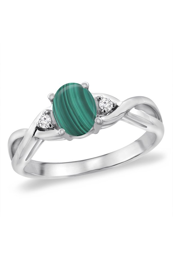 14K White Gold Diamond Natural Malachite Infinity Engagement Ring Oval 7x5 mm, size 5