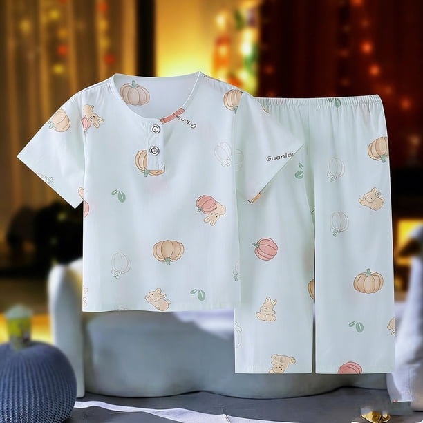 Conjuntos de blusas y camisas de cuello redondo y manga corta para niños de verano, ropa de casa estampada de manga corta para niños y niñas, camisa de manga corta para niños