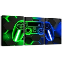 Gamer 3 Canvas Wall Art for Living Room Bedroom, Gaming Office Decorations Artwork Posters for Kids Boys Girls Teens Decor Teal and Black Game Console Painting Gamepad Honeycomb