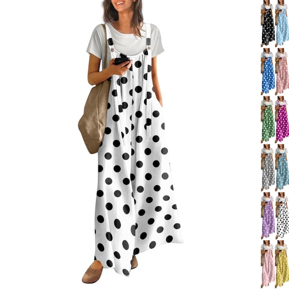 Polka Dot Jumpsuits for Women Summer Casual Boho Wide Leg Overalls Loose Fit Sleeveless Rompers with Pockets(White,XL)
