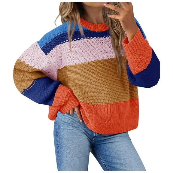 zaveiop Womens Color Block Cropped Sweaters 2025 Winter Trendy Casual Oversized Y2k Going out Striped Pullover Tops (Orange, XL)