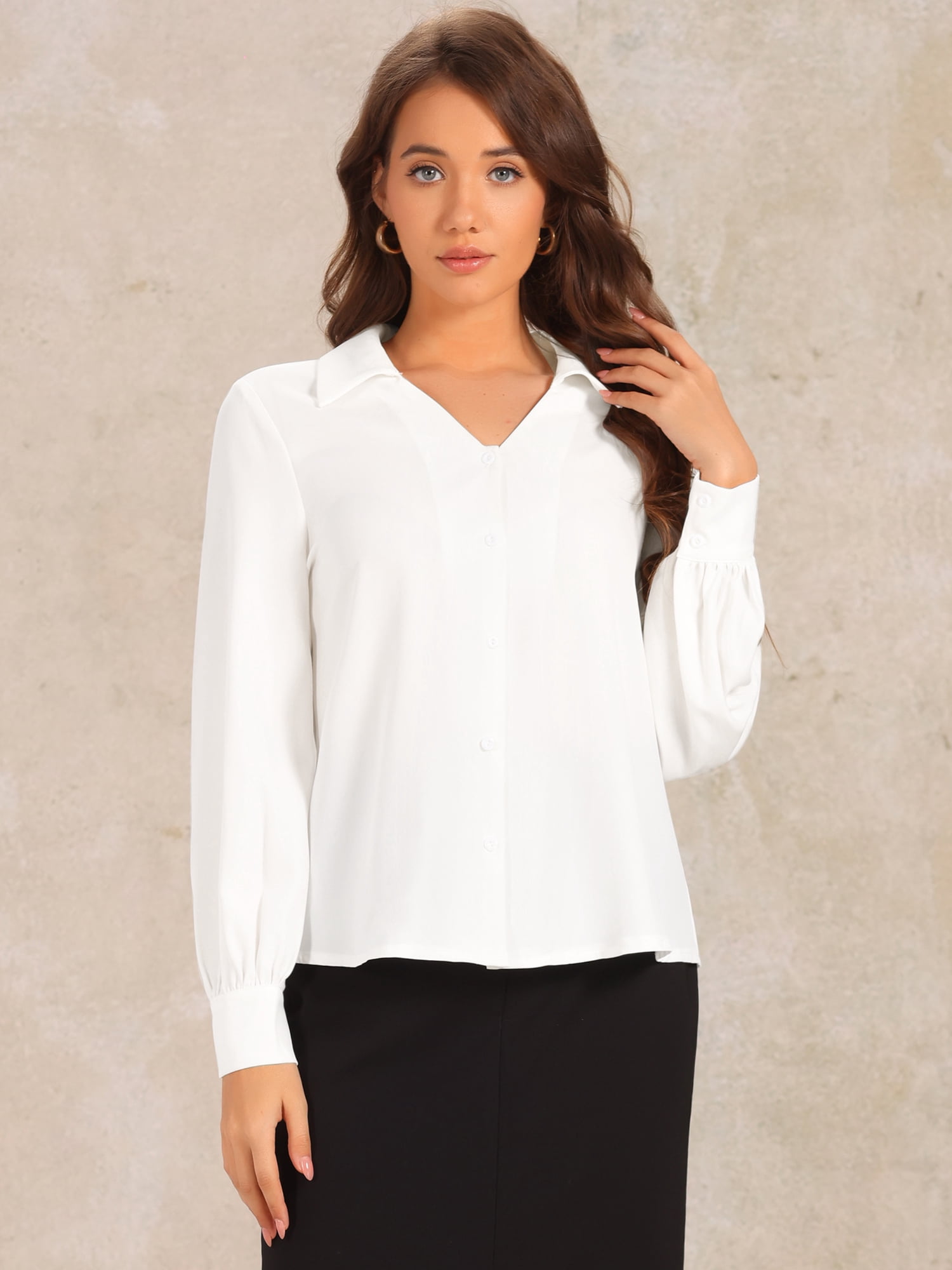 DARING DIVA Women's Collar Button Down V Neck Blouse Top Shirt L White