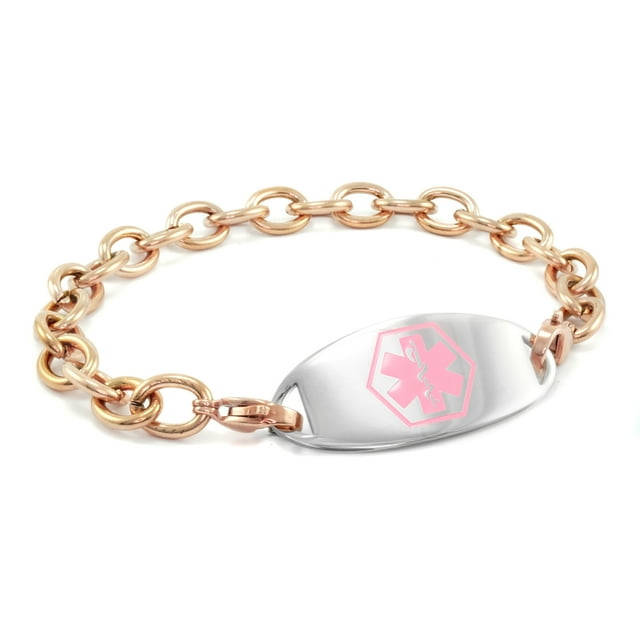 MedicEngraved Bracelet à Maillons Ton Or Rose 8 mm en Acier Inoxydable 316L Chirurgical avec Étiquette Médicale en Émail - Gravure Médicale Incluse