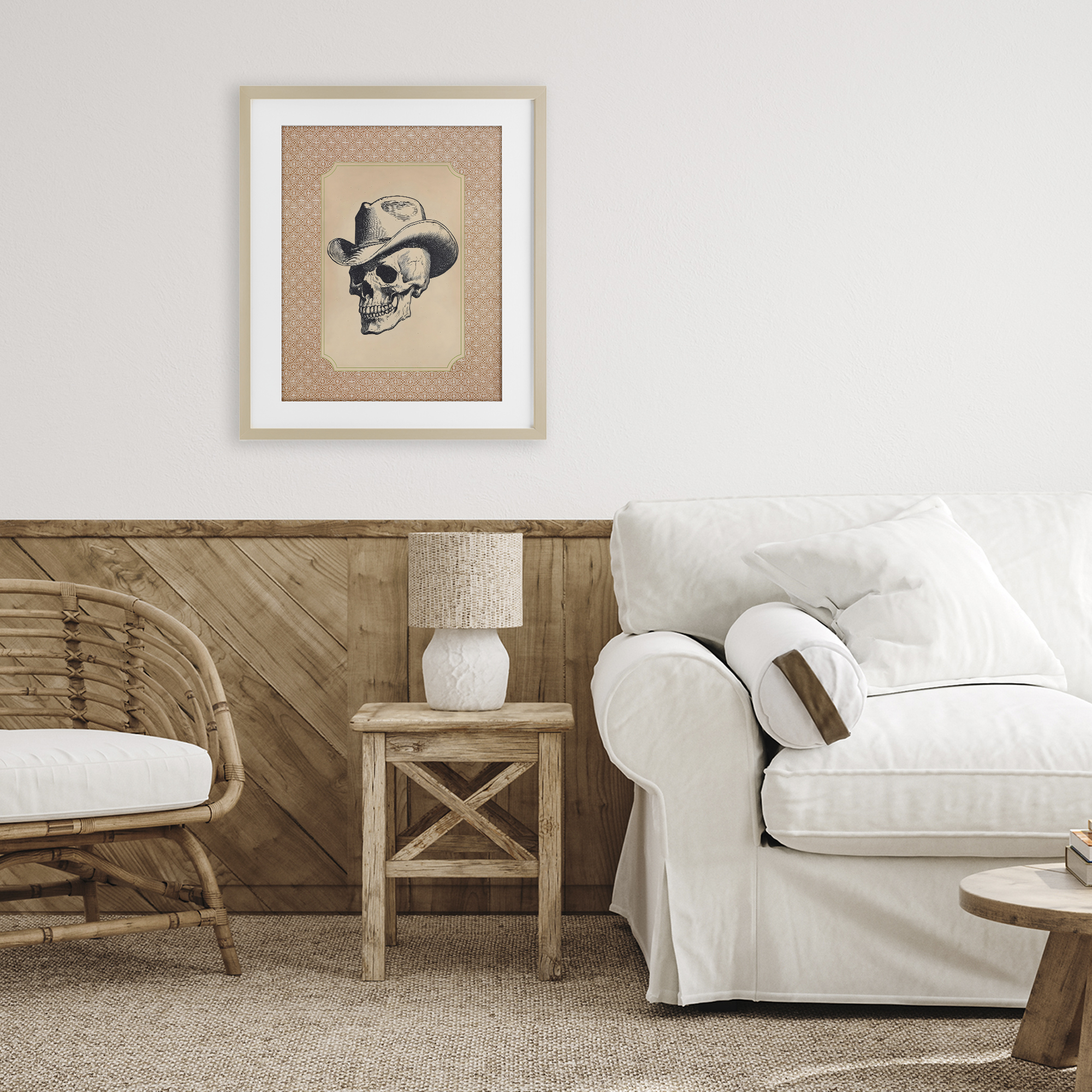 Vintage Cowboy Skull Birch Framed Print Under Glass, design by Arlington Prints