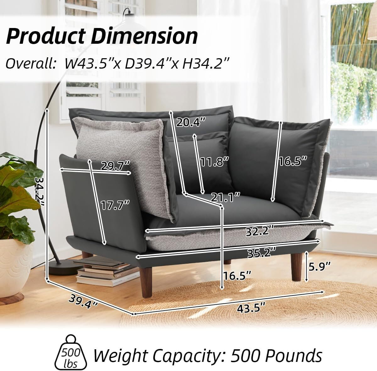 AENKYO Oversized Chenille Accent Chair, Modern Armchair, Soft Upholstered Sofa Chair for Living Room or Bedroom, Dark Gray