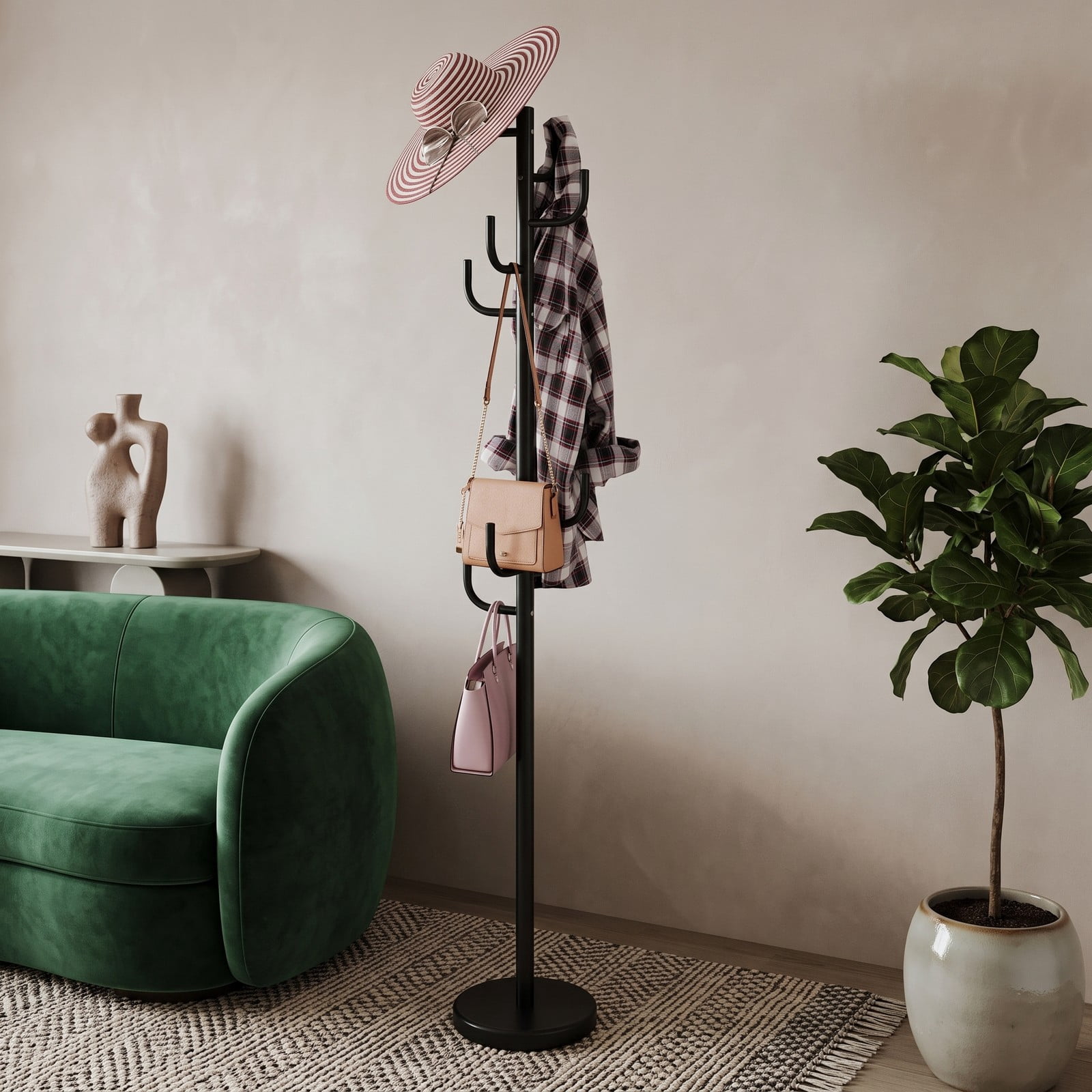 Furnibear Freestanding Coat and Hat Rack Stand with 8 Sturdy Hooks and Weighted Round Metal Base for Entryway and Bedroom, Black