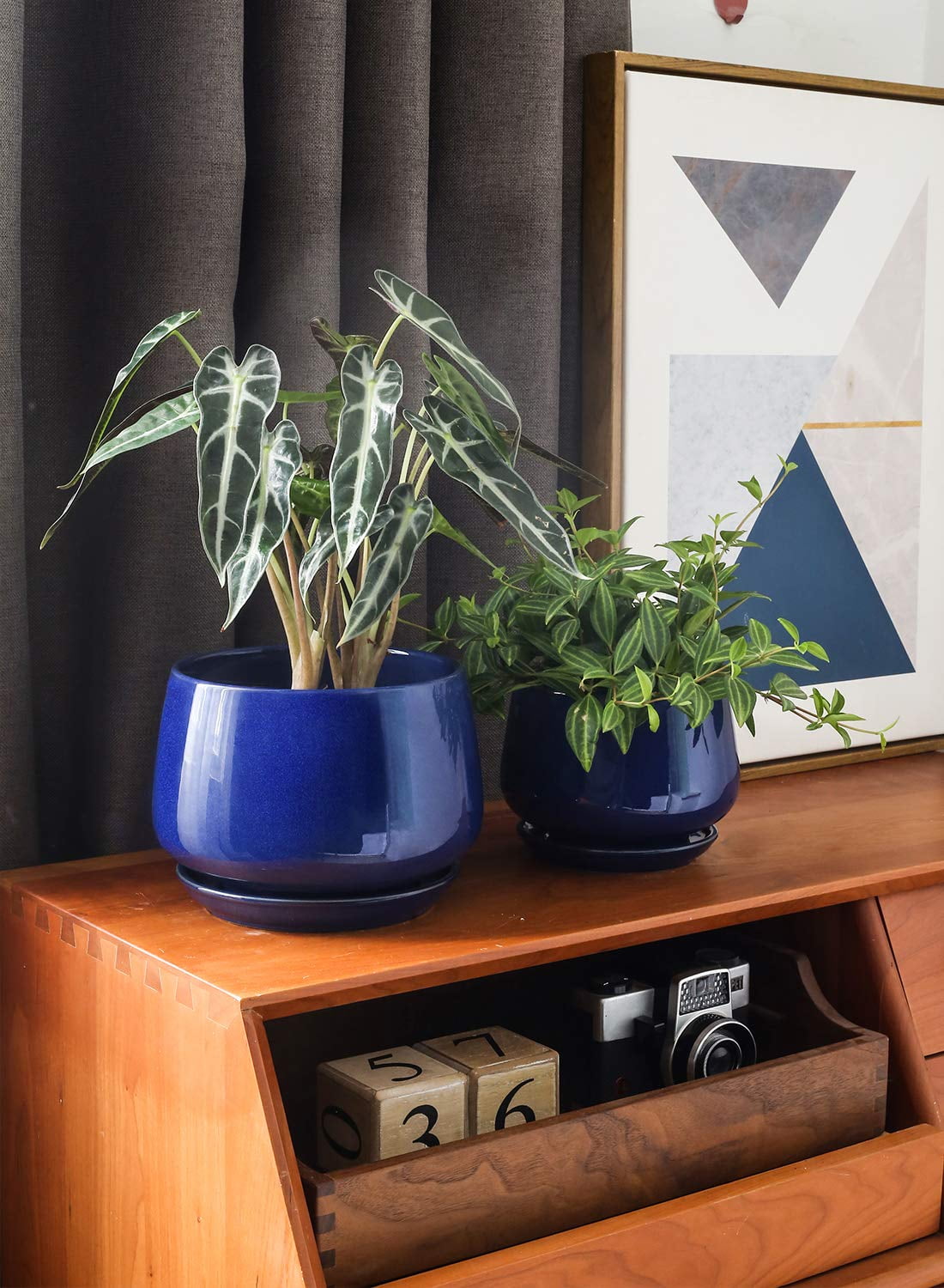 BEMAY Plant Pots, 4.1+5.1+6.5 inch Flower Pots with Drainage Hole and Saucer, Pack of 3 Ceramic Indoor Planters for Home and Office, Sapphire Blue