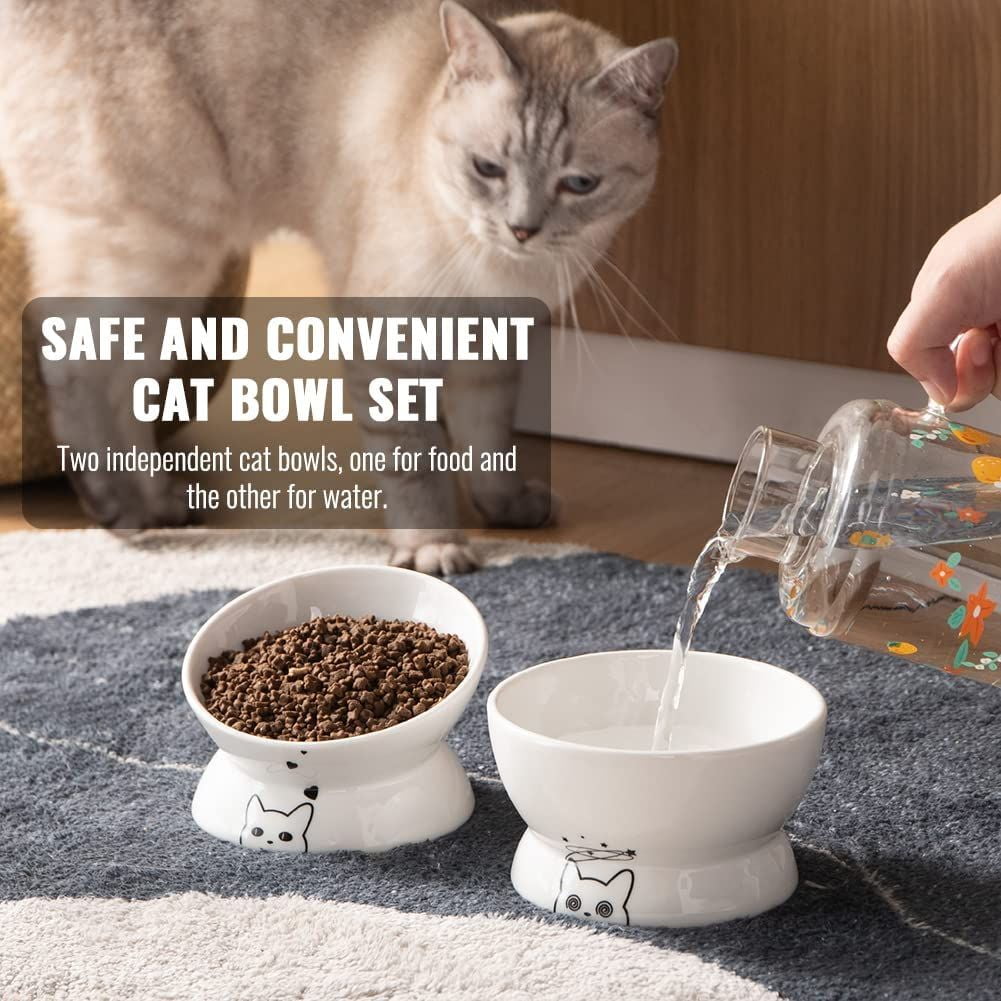 SWEEJAR Raised Cat Bowls Set, Tilted Food Bowl and Deep Water Bowl, Ceramic Pet Bowl Collection for Cats and Small Dogs, Set of 2 (White)