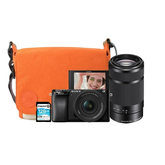 Sony Alpha a6100 24.2MP APS-C Mirrorless Camera with 16-50mm and 55-210mm Lens Bundle with Camera Bag and 128GB  Memory Card (3 Items)
