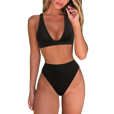 Rovga Womens Swimsuits Ladies High Waisted Thong Bikini Sets Sexy Brazilian Triangle Top Deep V Neck Two Piece Swimsuit Bathing Suits Black S