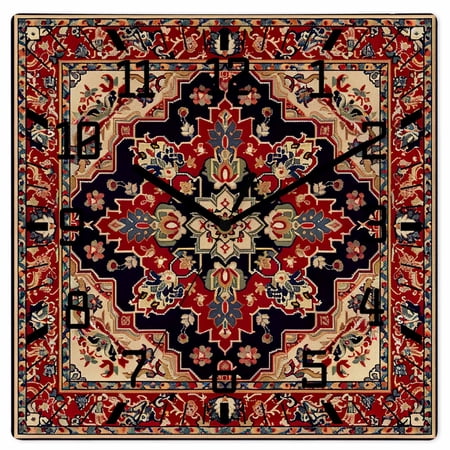 Red Boho Wooden Wall Clock Silent Non Ticking, Contemporary Abstract Ethnic Retro Geometric Square Wall Clocks Battery Operated, Decor Clock for Home Office, Living Room, Kitchen, 10 Inch