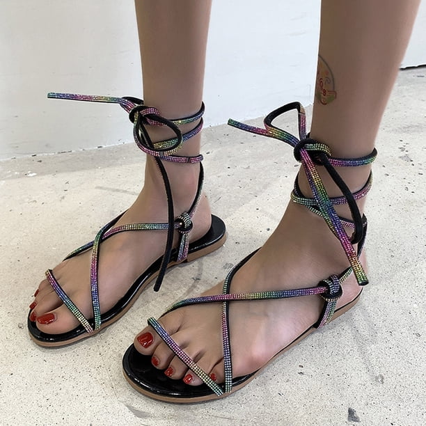 Sandalias Mujer Zapatillas planas Punta abierta Rhinestone Cómodos zapatos de playa Flip Flop Wmkox8yii shjk1914