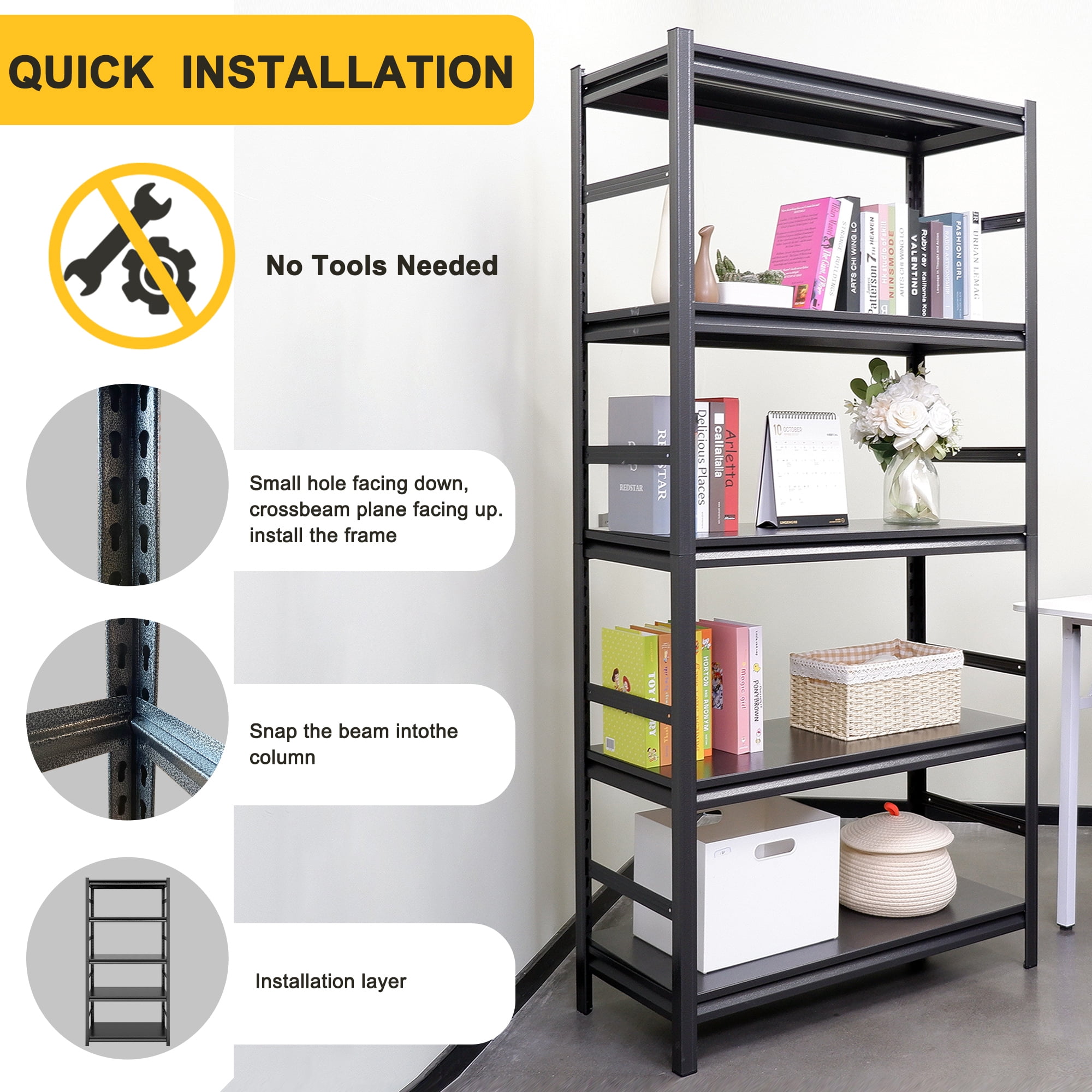 Alvantor 5-Tier Heavy Duty Steel Shelving Unit Storage Rack 2000LBS Capacity Garage Shelves Adjustable Storage Shelf with Rails for Garage Pantry Office 36"W x 16"D x 72"H Black
