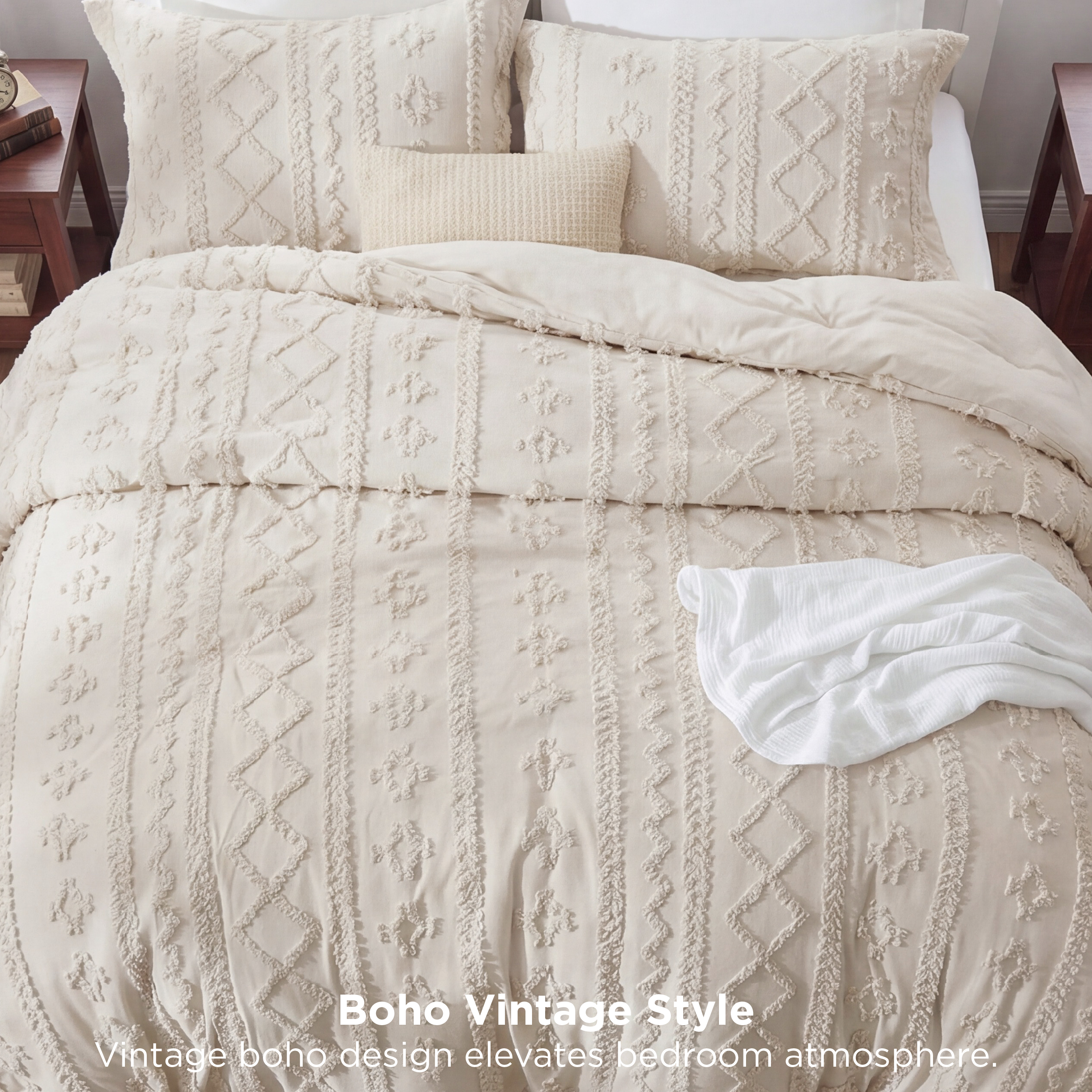 U by Bedsure Tufted Boho Comforter Set, Queen, Beige, 3-Piece photo 5