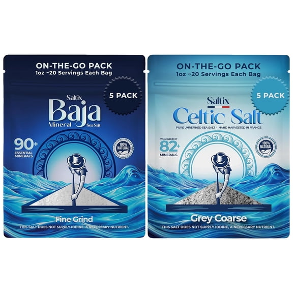 Saltix On-The-go Variety Pack 5 Baja Mineral Fine Grind + 5 Celtic Grey Coarse Salt (1 oz ~20 Servings Each) Resealable Bag, 100% Natural, Unrefined, Hand-Harvested, Mineral-Rich