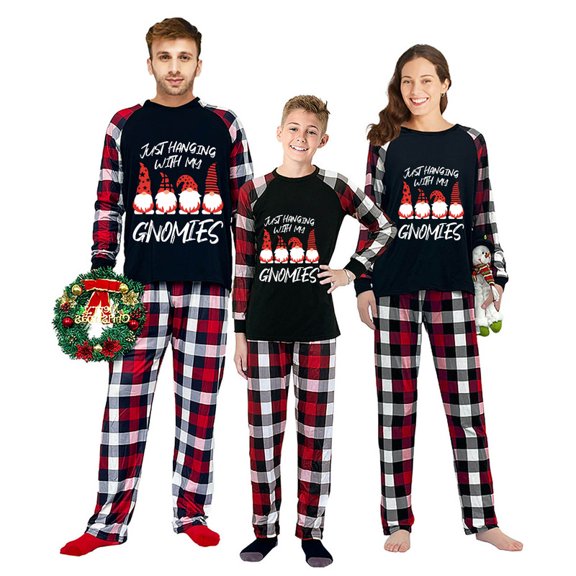 iHapHap Matching Family Christmas Pajamas Buffalo Plaid Gnome Sleepwear Set, 2-3T-Kid