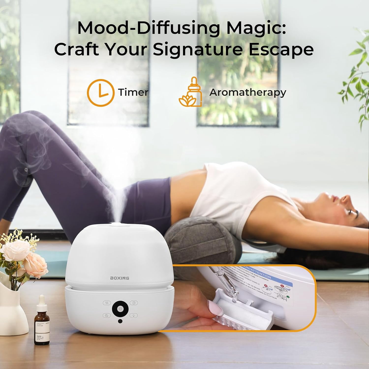 BOXING Top Fill Humidifiers for Bedroom Baby with Remote Control, 20dB Quiet Cool Mist, 7 Color Night Light, Essential Oil Tray, Timer, Sleep Mode, 3L