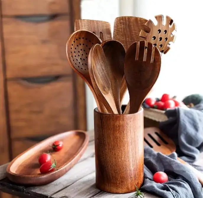 Wooden Kitchen Utensils Set, 10-Piece Natural Wood Cooking Spoons for Non-Stick Cookware