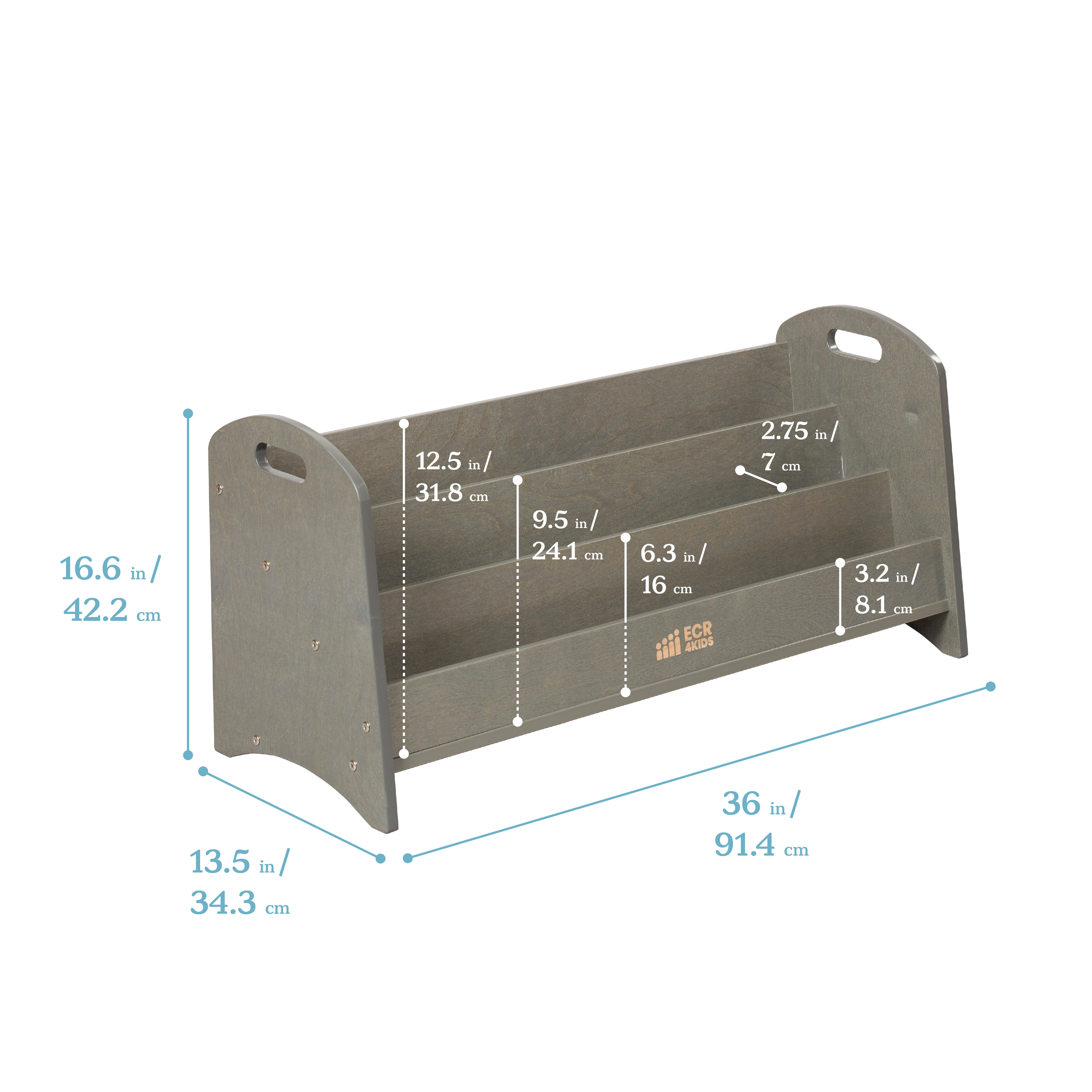 ECR4Kids 3-Shelf Floor Book Display with Handles, 36in, Children's Furniture, Grey Wash