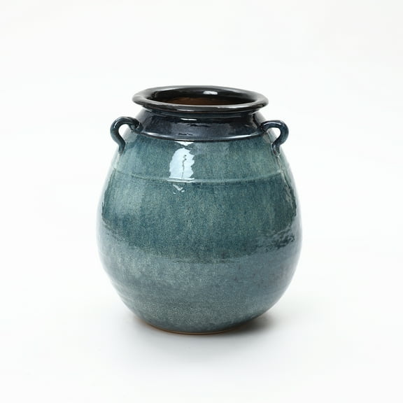 LuxenHome Ocean Blue Ceramic Vase with Handles, 17.5" Tall Rounded Pot for Rustic or Coastal Decor