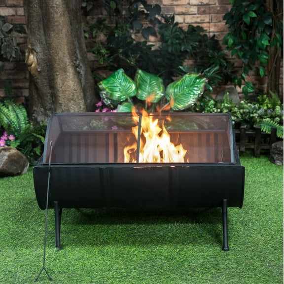 Deko Living  35 in. Rectangular Outdoor Metal Woodburning Barrel Firepit