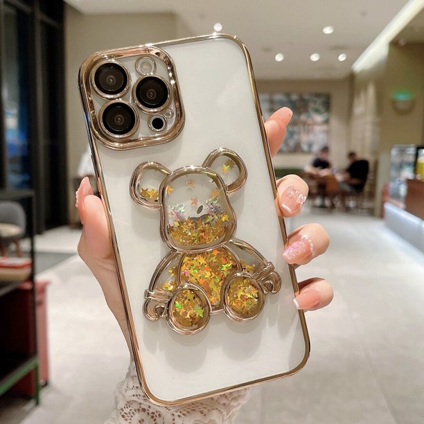 Funda de teléfono de arena movediza de oso de dibujos animados para iPhone 11, 12, 13, 14 Pro, Xs Max, 7, 8, 14 Plus, XR, X, película protectora de lente, cubierta transparente a prueba de golpes Fivean unisex