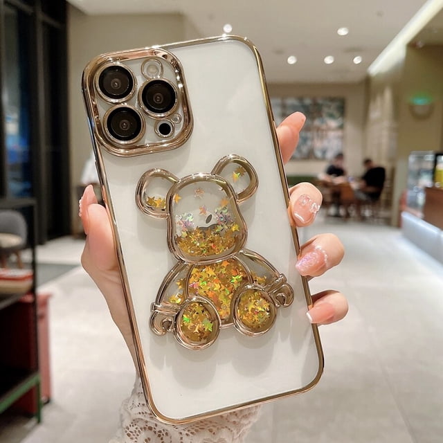 Funda de teléfono de arena movediza de oso de dibujos animados para iPhone 11, 12, 13, 14 Pro, Xs Max, 7, 8, 14 Plus, XR, X, película protectora de lente, cubierta transparente a prueba de golpes Fivean unisex