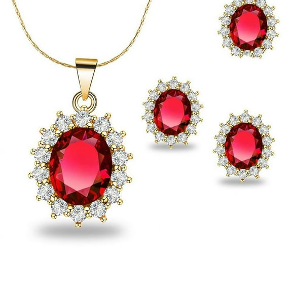 18K Yellow Gold Created Ruby Sapphire Round 8CT CZ Oval Necklace 18 inch Plated