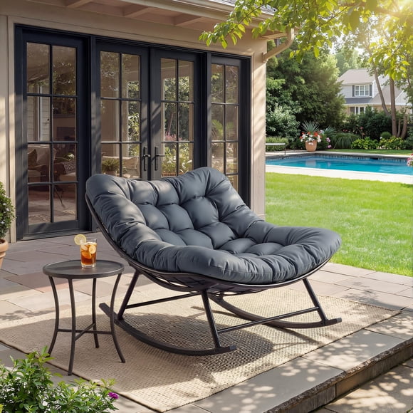 Sillón Tipo Huevo Papasan para Interior y Exterior - Diseño Mecedor con Cojín Acolchado Extraíble, Base Metálica Reforzada y Patas Antideslizantes - Ideal para Terraza, Jardín o Sala - Gris Oscuro