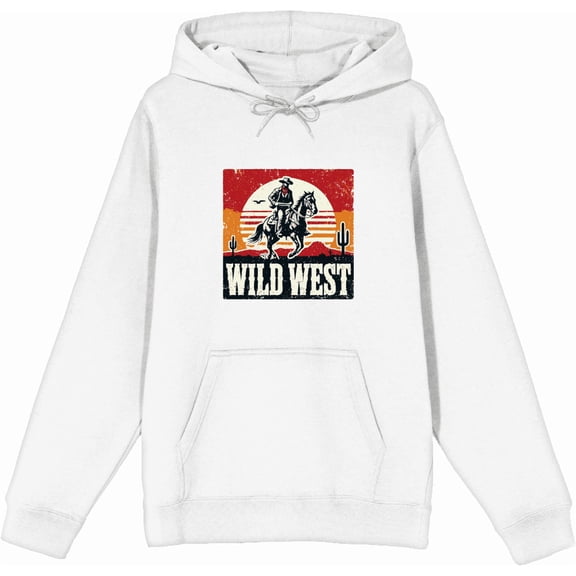 Wild West Cowboy Sunset Ride Adult White Long Sleeve Hoodie-Medium