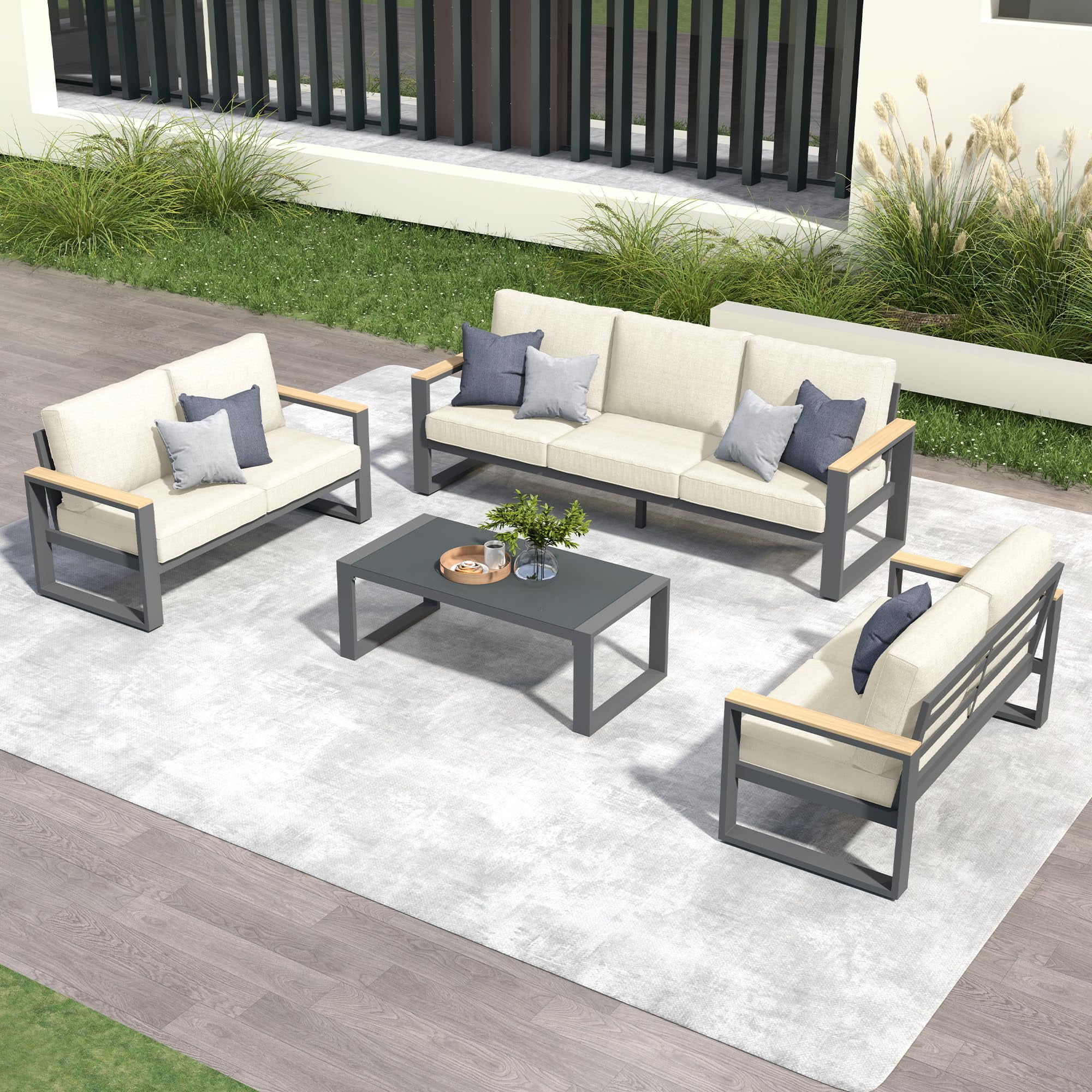 May in Color Aluminum Patio Furniture Set, 7-Seats Metal Outdoor Furniture Set with Coffee Table, Modern Patio Sofa Sets Outdoor Conversation Set for Garden Pool Porch Backyard, Beige