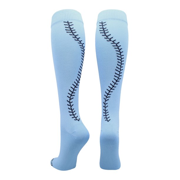 MadSportsStuff Softball Socks with Stitches Over the Calf (Columbia Blue/Navy, Large