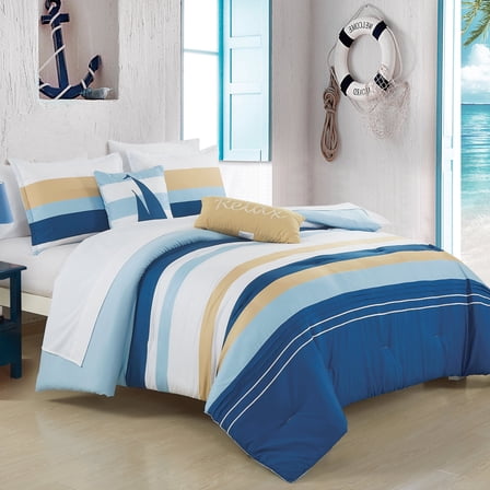 ESCA Bed in a Bag 9-Piece Sailboat Blue Yellow White Coastal Bedding Comforter & Sheet Set - Cal King Size