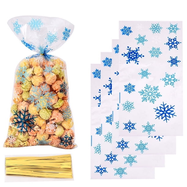 Nvzi 150 bolsas de celofán para dulces navideños, bolsas de celofán para golosinas navideñas con lazos para regalos de fiestas navideñas, color blanco