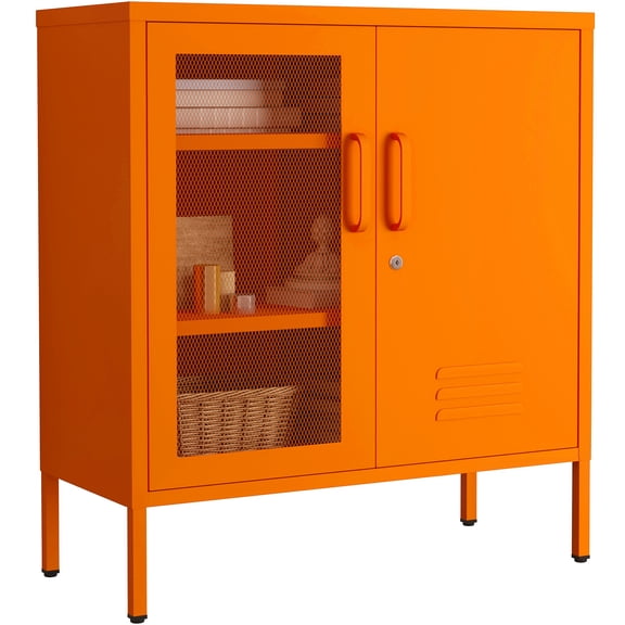 Accent Cabinet Locker, Lockable Storage Cabinet with Mesh & Metal Doors, 3-Tier Heavy Duty Steel Cabinet with 2 Adjustable Shelves, for Living Room, Home Office Orange 33"H x 29.5"W x 13.8"D