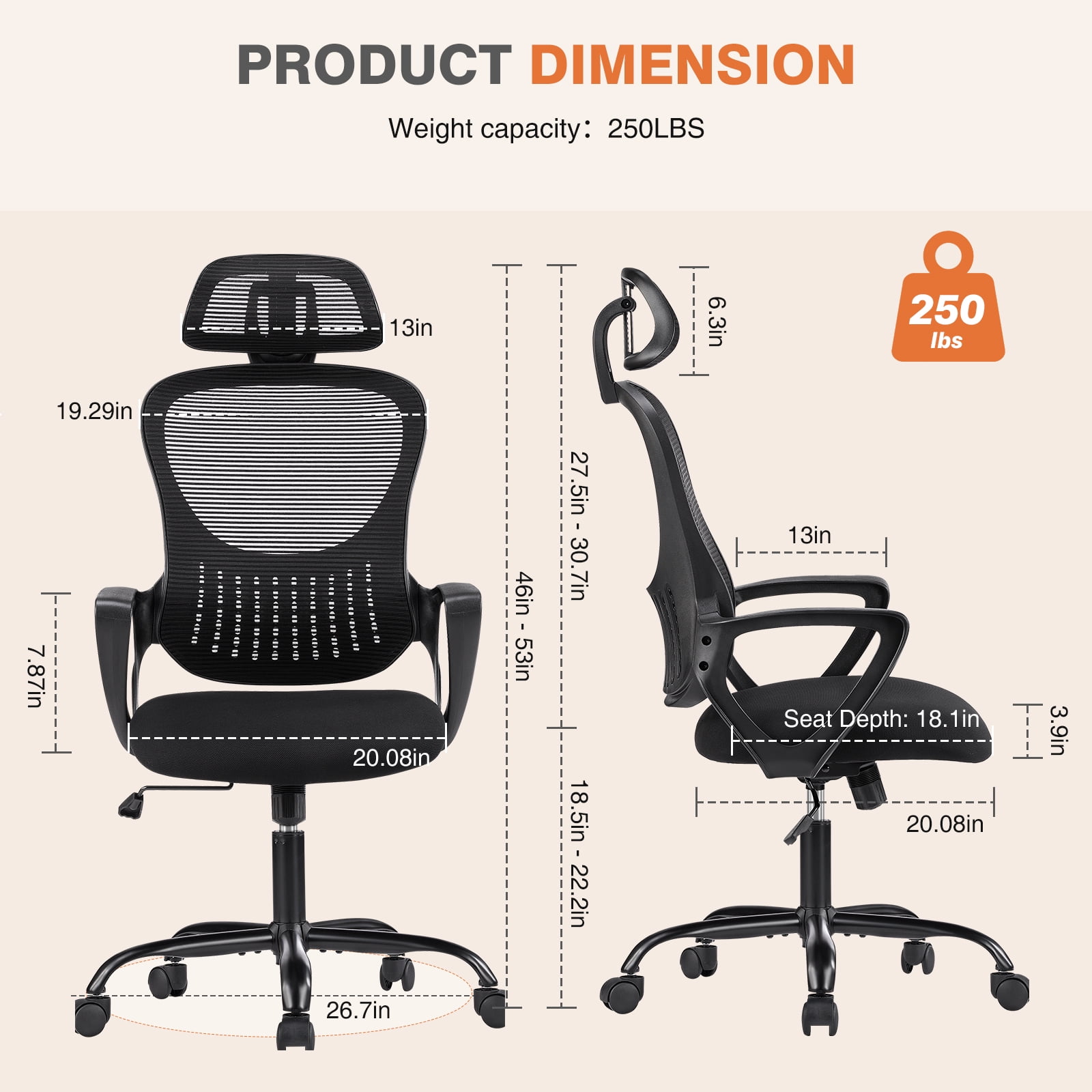 CONCETTA Office Chair Ergonomic Office Chair High Back Mesh Computer Chair with Adjustable Headrest, Black