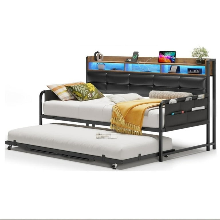 AOGLLATI Daybed with Trundle, Twin Day Bed with Upholstered Headboard and Charging Station, Metal Day Bed Frame Twin with Storage and LED Lights, Twin to King Daybed for Living Room, Bedroom