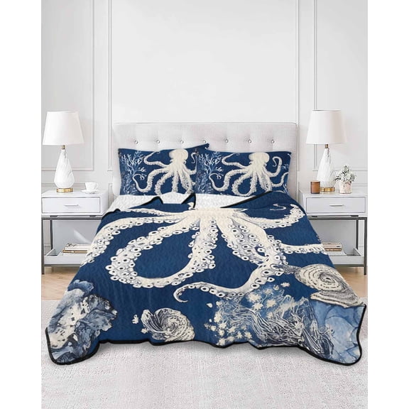 Quilts Twin XL Size, Beige Octopus Coastal Soft Comforter Bedding Set for Bed, Navy Blue Nautical Ocean Coral Lightweight Quilted Bedspread with Pillow Cover(2 Pieces) for All Season, 68x98 Inch