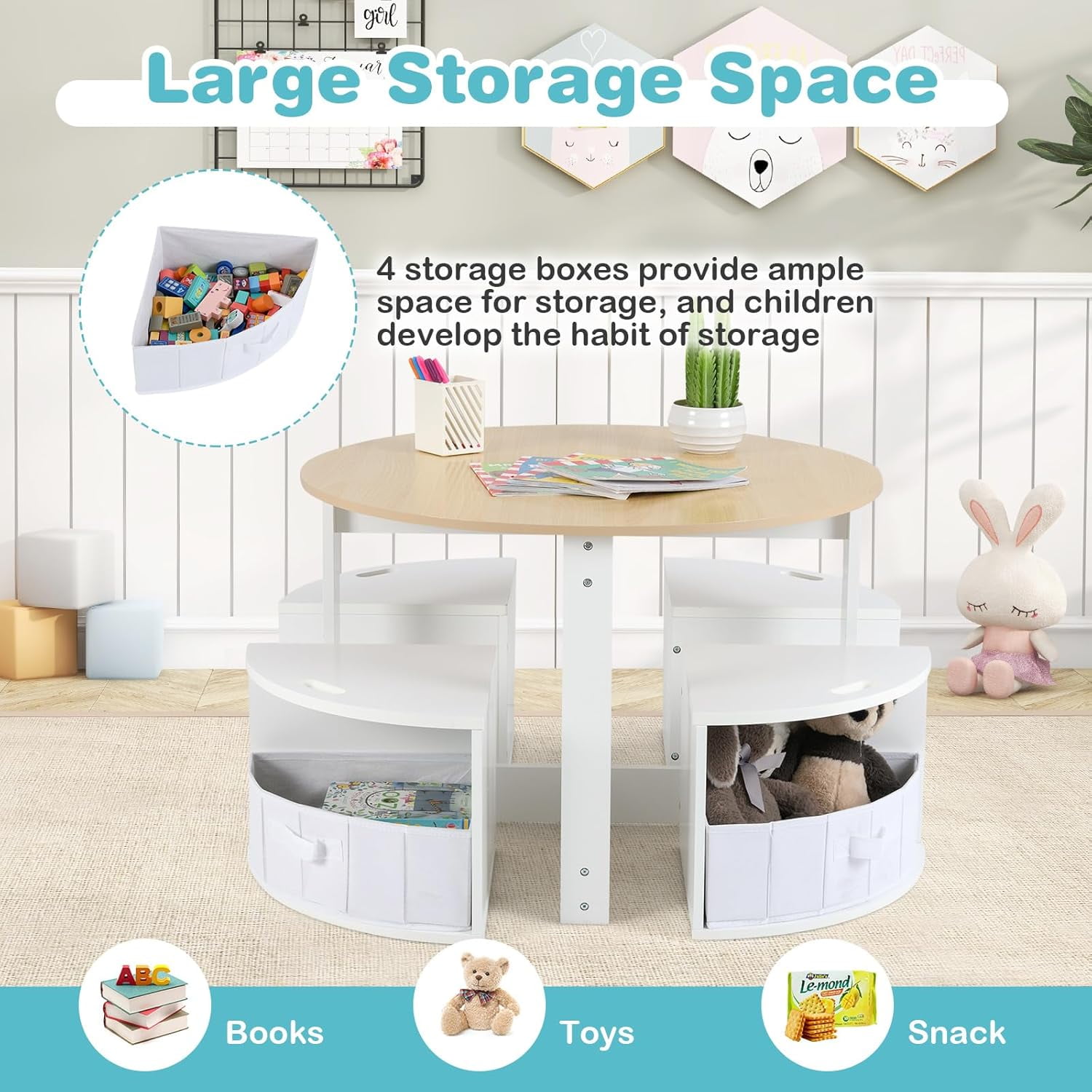 OLAKIDS Toddler Table and Chair Set, Wooden Table and 4 Chairs with Nesting Design, Storage Drawers, Children Multi-Activity Table for Art, Crafts, Draw, Read for Boys Girls Aged 3+