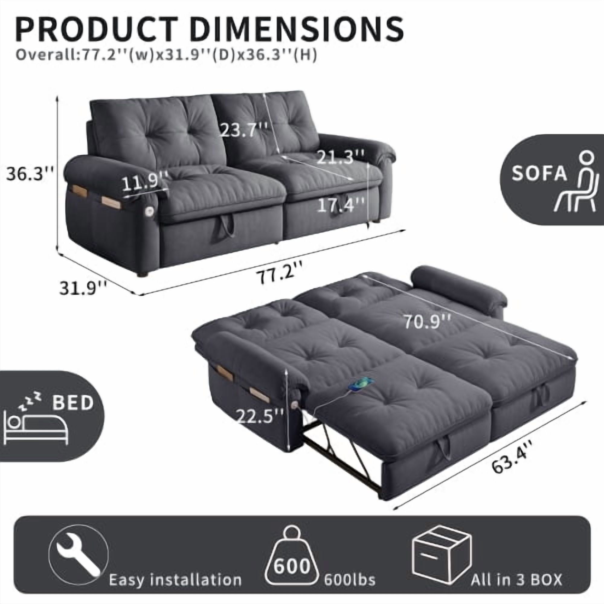 77" 2-in-1 Convertible Sofa Bed, Cloud-Like Velvet Loveseat with Pull-Out Bed, Ideal for Living Room, Bedroom, Apartment, Grey