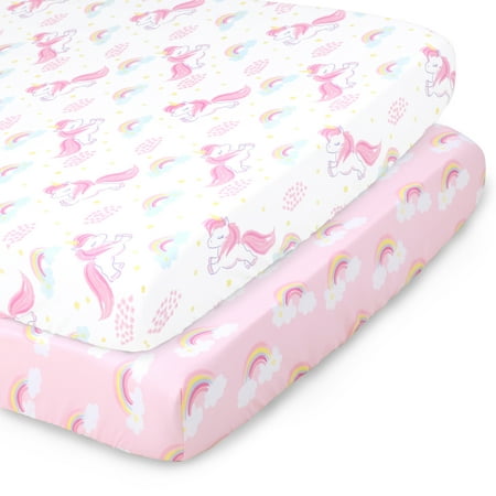 The Peanutshell Pack n Play, Mini Crib, Portable Crib or Fitted Playard Sheets for Baby Girls, 2 Pack Set, Unicorn and Rainbow