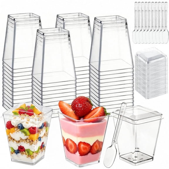 WYAJU Plastic Dessert Cups 50 Pack 5 oz, Yogurt Parfait/Appetizer Cup with Lids and Spoons, Pudding Cups for Party, Clear Mini Dessert Shooter Cups for Fruit, Cake, Ice Cream
