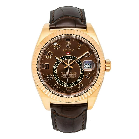 Pre-Owned Rolex Sky-Dweller 42MM 326135 Chocolate Arabic Dial Fluted Bezel Brown Leather Strap