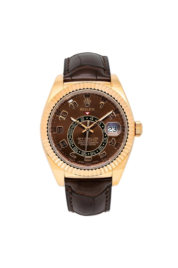 Pre-Owned Rolex Sky-Dweller 42MM 326135 Chocolate Arabic Dial Fluted Bezel Brown Leather Strap