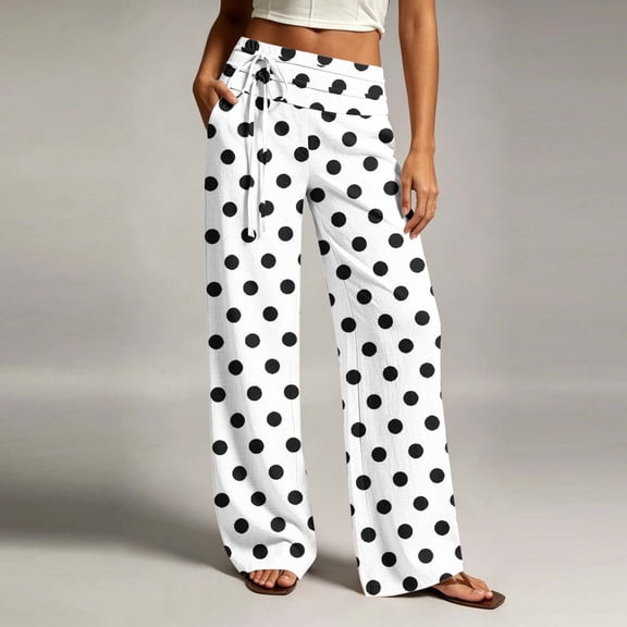 Aimik Women's Elastic Waist Polka Dot Wide Leg Pants Drawstring Casual Loose Trousers Breathable Summer Bottoms