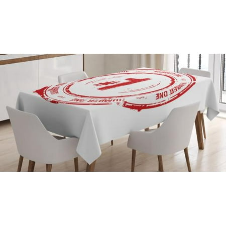 Number Tablecloth, Number One Old Fashioned Grunge Stamp at Top Best Leader Emblem Design, Rectangular Table Cover for Dining Room Kitchen, 52 X 70 Inches, Vermilion and White, by