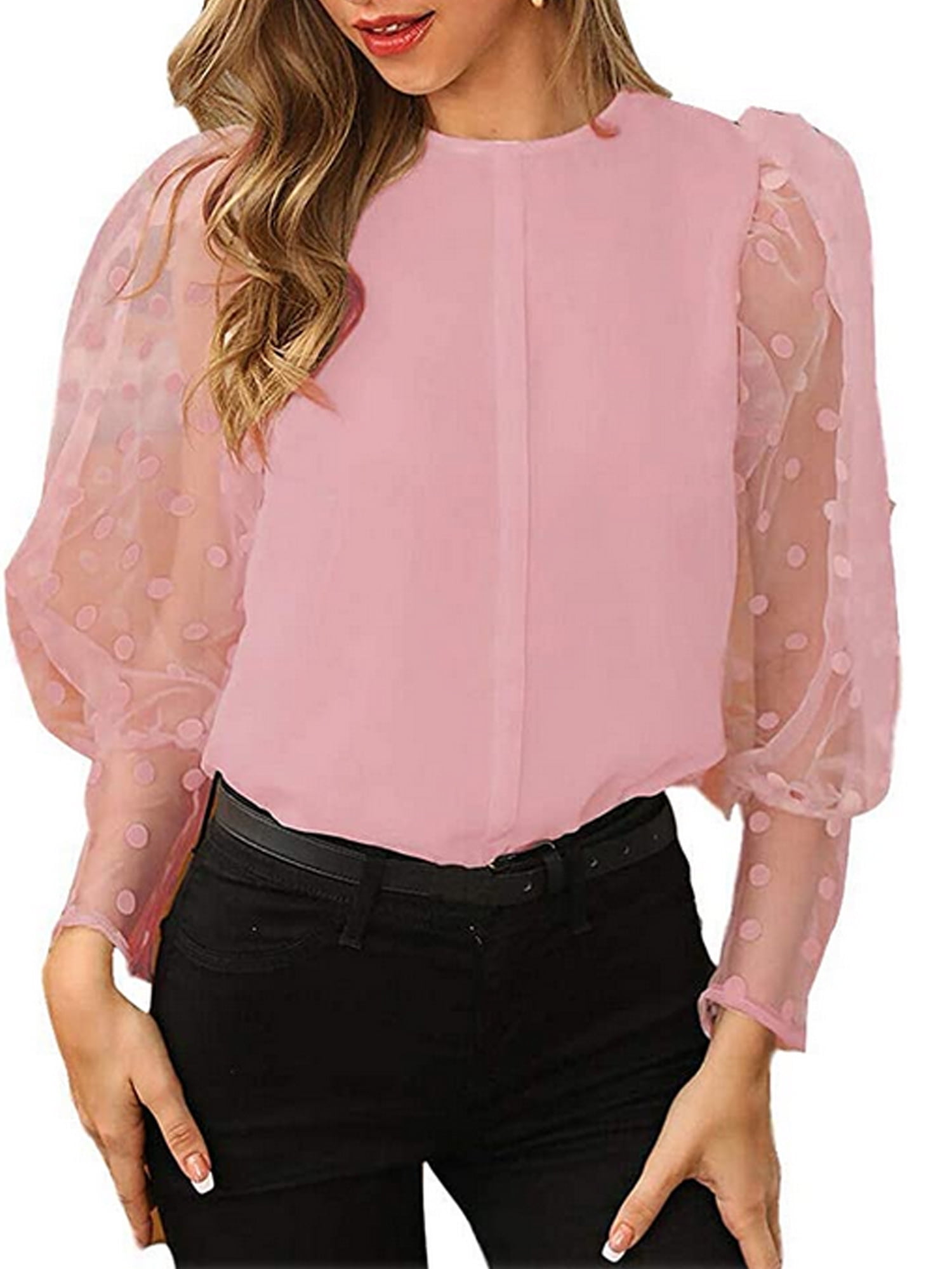 mesh sleeve polka dot top
