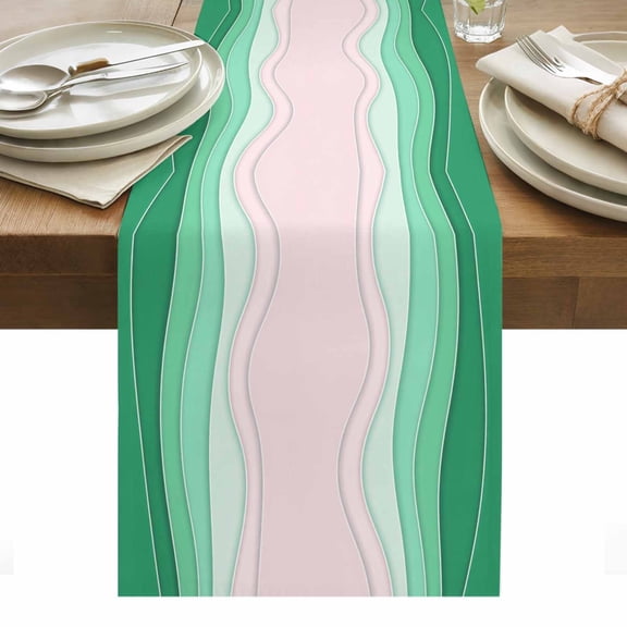 Green Stripes Table Runner - 108 Inch Long, Kitchen Dining Table Runner Dresser Scarves, Light Pink Ombre Simple Abstract Lines Farmhouse Decor for Coffee Tables Wedding Party Banquet