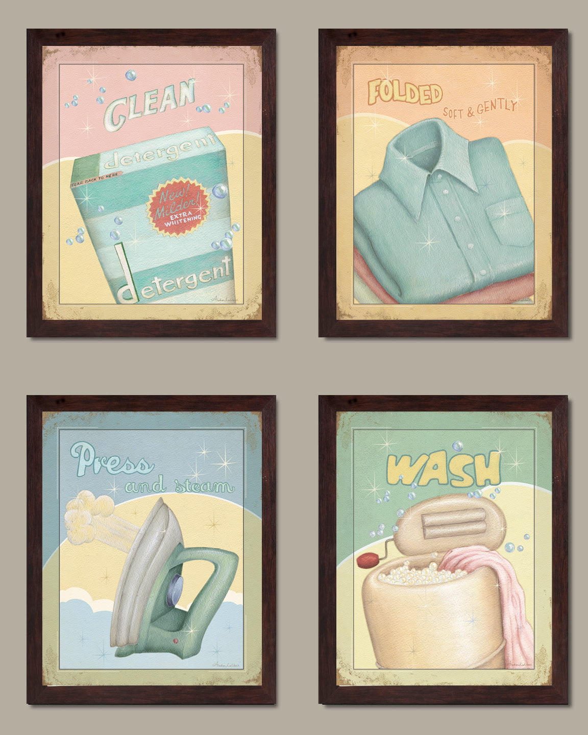 Pastel Laundry Room Art Prints Clean Fold Press Wash; Four by 10-Inch  Framed Fine Art Prints; Ready to hang!
