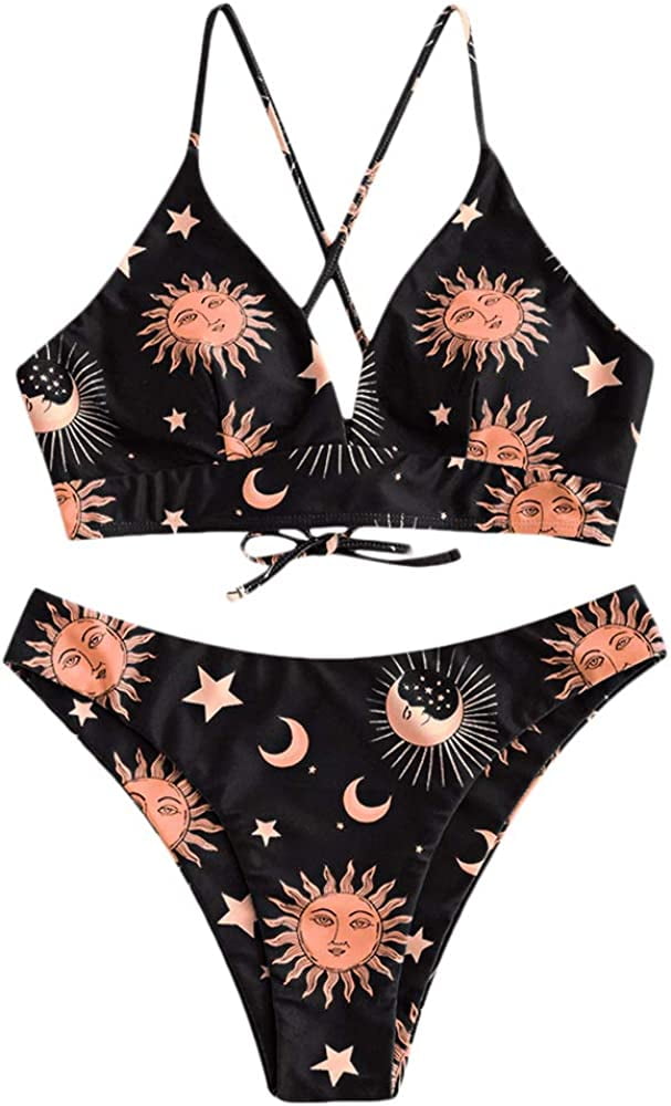 ZAFUL Star Sun Moon Print Bathing Suits for Women Back Criss Cross Lace-up  Triangle Bikini